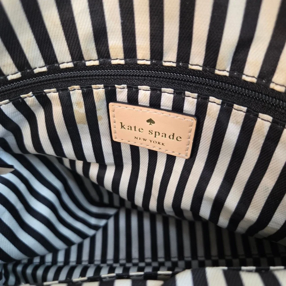 vintage Kate Spade NY White Leather Tote Bag Turn Lock Pocket Striped Lining